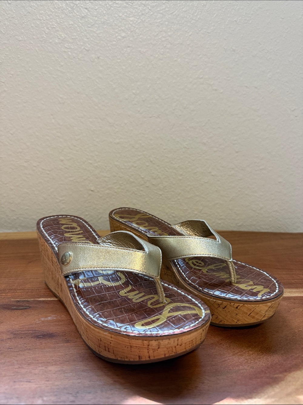 Sam Edelman Metallic Gold Cork Wedge Thong Sandals